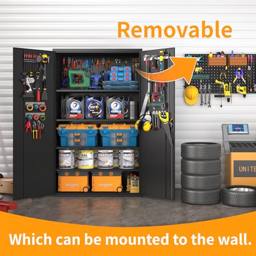 Upgraded Tall & Wide Metal Storage Cabinet with Doors & 4 Adjustable Shelves | Heavy-Duty Black Lockable Garage Cabinet with Wheels & Pegboard for