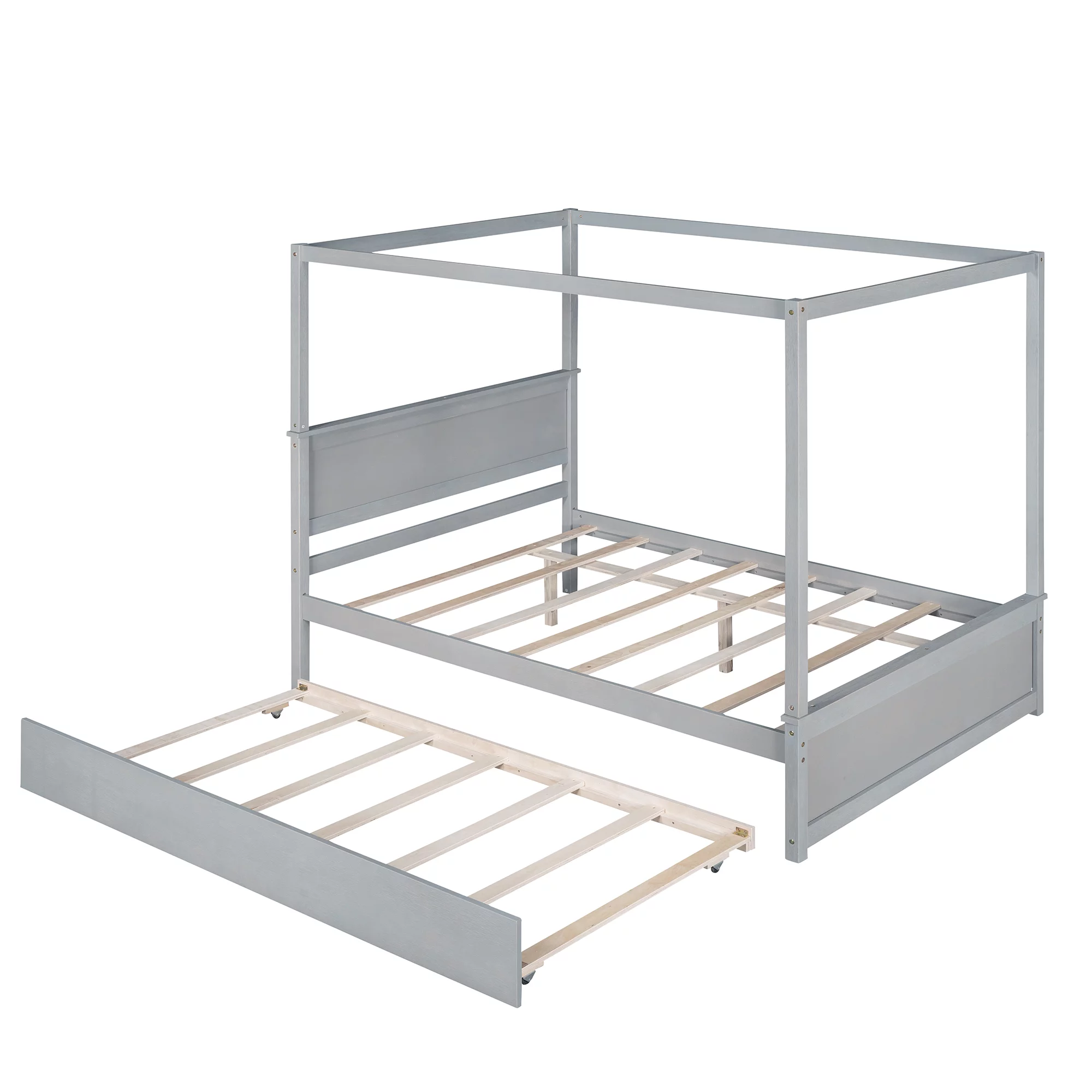 Dcenta Wood Canopy Bed with Trundle Bed ,Full Size Canopy Platform bed With Support Slats .No Box Spring Needed, Gray