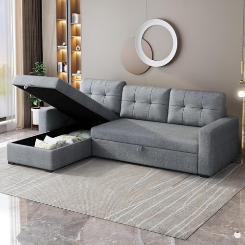 Ball & Cast Convertible Sofa Bed with Reversible Storage Chaise,Linen Sleeper Sofa Couch L Shaped Pull Out Couch Bed