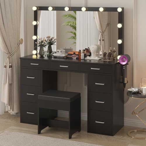 White Vanity Desk Set with Mirror and Lights, 47" Glass Top Vanity with 9 Drawers & Power Outlet