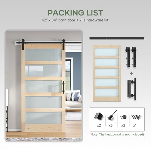 42x84 inch Glass Sliding Barn Door Slab with 7ft Hardware Kit Included, 5-Panel Frosted Glass, Spruce Wood Support DIY Dyeing, Easy Assembly