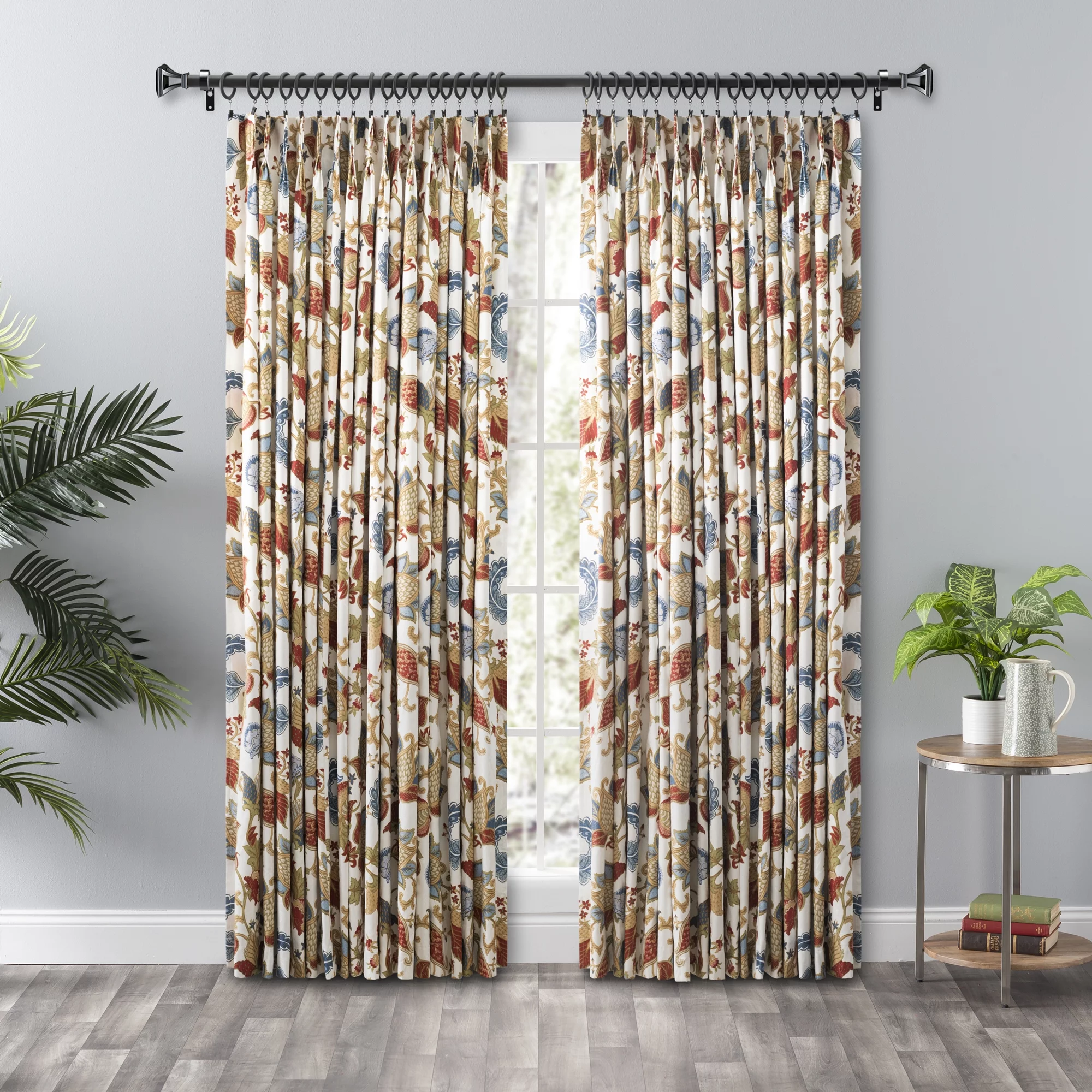 Ellis Cambridge Lined Jacquard Pinch Pleat Jacobean Floral Print Multicolor Drapery 2-Piece Curtain Panels, 144W x 84L