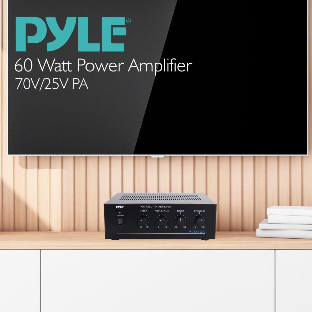 Compact Mini Home Power Amplifier - 60W Smart Small Indoor Audio Stereo Receiver w/ RCA, 2 Microphone IN, 25/70 Volt Outputs, LED, Input Selector