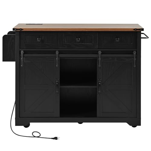Farmhouse Kitchen Island with Power Outlet, Drop Leaf, Spice Rack and Drawer,Rolling Kitchen Cart on Wheels