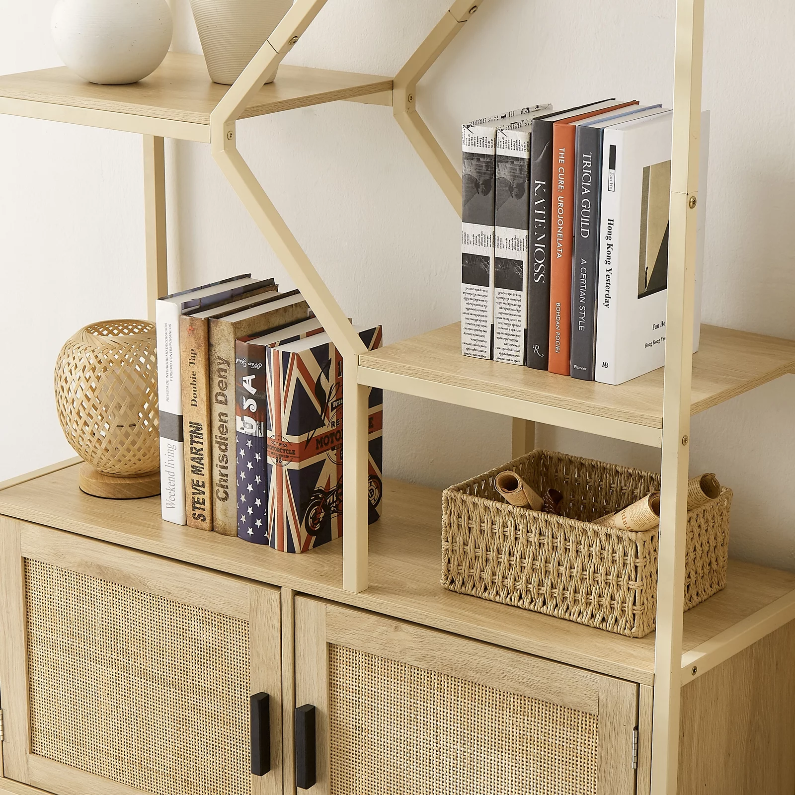 YISUYA Rattan Bookshelf 7 Tiers Bookcases Storage Rack, Rattan Bookshelf with Storage Cabinet, 7 Tiers Bookcases Storage Shelf with Doors