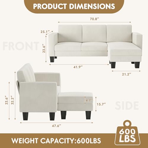 YESHOMY L-Shaped Convertible Sectional Sofa 3 Seater with Corduroy Fabric, Complete with Mobile Footrest, for Living Room, Apartment and Office, 70"