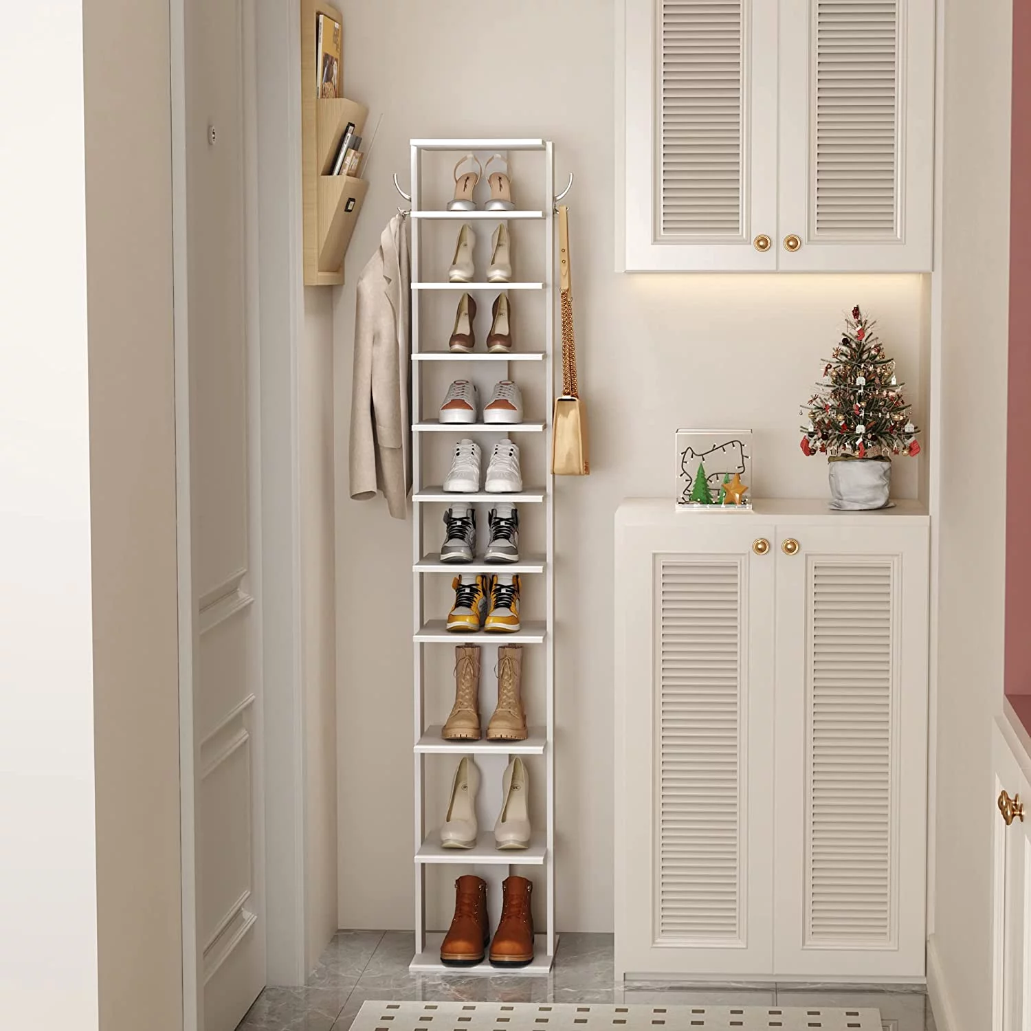 LIHONG 10-Tier Vertical Shoe Rack, Corner Shoe Tower, Slim Shoe Organizer with Two Hanging Hooks, Wooden Shoe Storage Stand for Entryway, Hallway