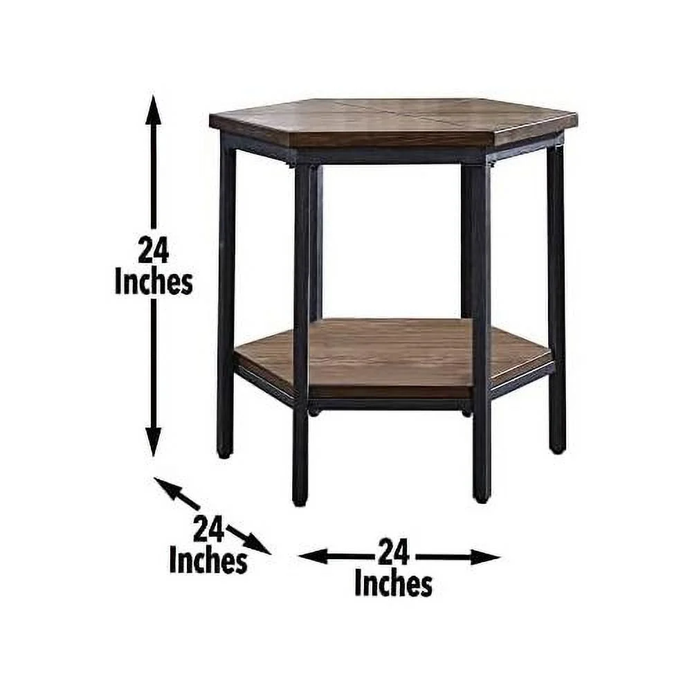 Mocha Hexagonal , Iron Base, And Unique Veneer Layup Design End Table