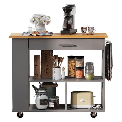 Shintenchi Rolling Kitchen Island Cart with Folding Drop Leaf Breakfast Bar, Portable Trolley Island with Large Storage Cabinet, Shelf and Drawer