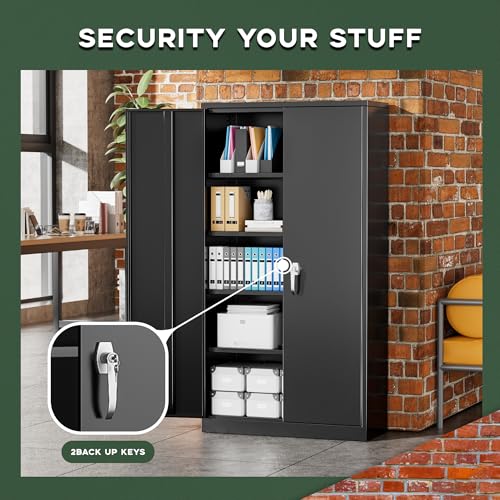 Greenvelly Metal Storage Cabinet, 72" Black Locking Metal Garage Storage Cabinet with Doors and 4 Adjustable Shelves