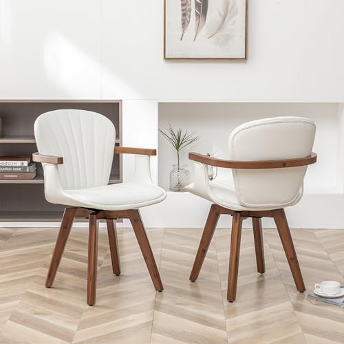 LUNLING Swivel Dining Chairs Set of 2, Mid Century Modern Gray Fabric+Faux Leather Kitchen Chairs with Arms,Bamboo Legs Side Chairs No Wheels