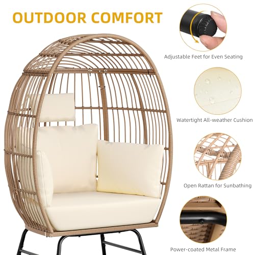 YITAHOME Accent Living Room Egg Chair w/ 2-in-1 Ottoman, Wicker Oversized Basket Chair with 5 Thick Cushions, Footrest