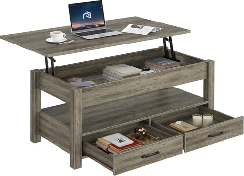 Rolanstar Coffee Table, Lift Top Coffee Table with Drawers and Hidden Compartment, Retro Central Table with Wooden Lift Tabletop, for Living Room