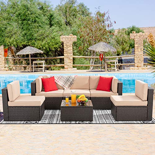 Vongrasig 6 Pieces Outdoor Patio Furniture Set, PE Wicker Rattan Sectional Sofa Patio Conversation Sets with Coffee Table for Garden, Backyard
