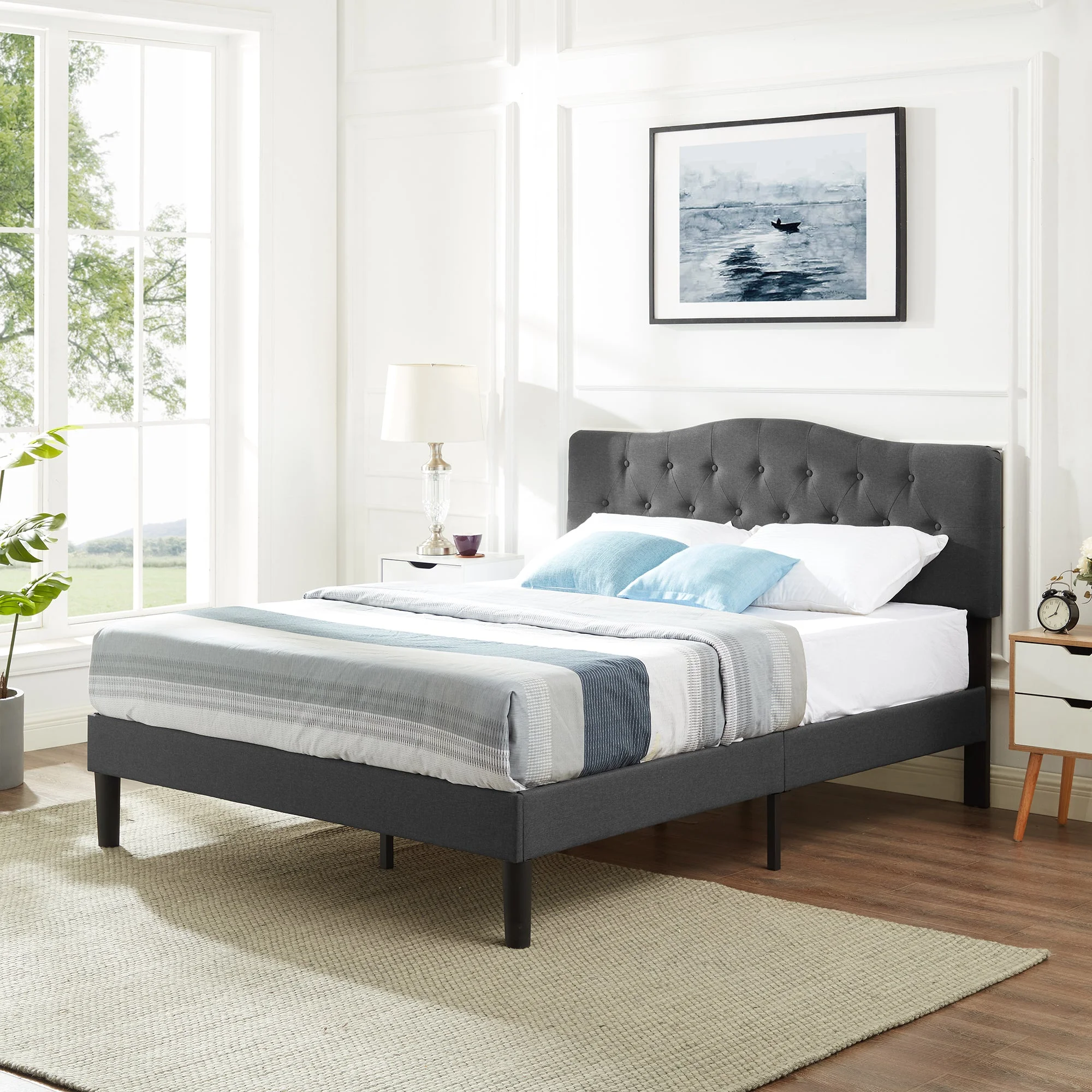 VECELO Queen Bed Frame Upholstered Platform Bed Frame with Diamond Tufted Adjustable Headboard, Wooden Slats Support, No Box Spring Needed, Gray