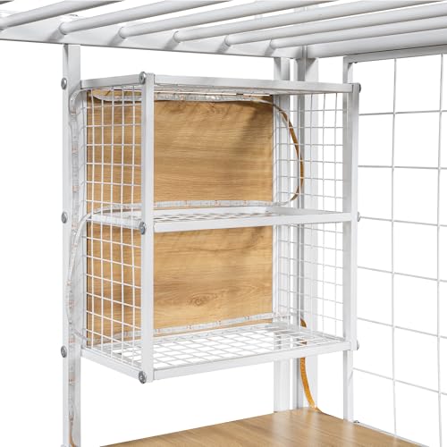 Modern Full Size Gaming Loft Bed with Built-in Desk and Storage Wardrobe, Wood Loft Bed Frame with Light Strip and 2 Drawers