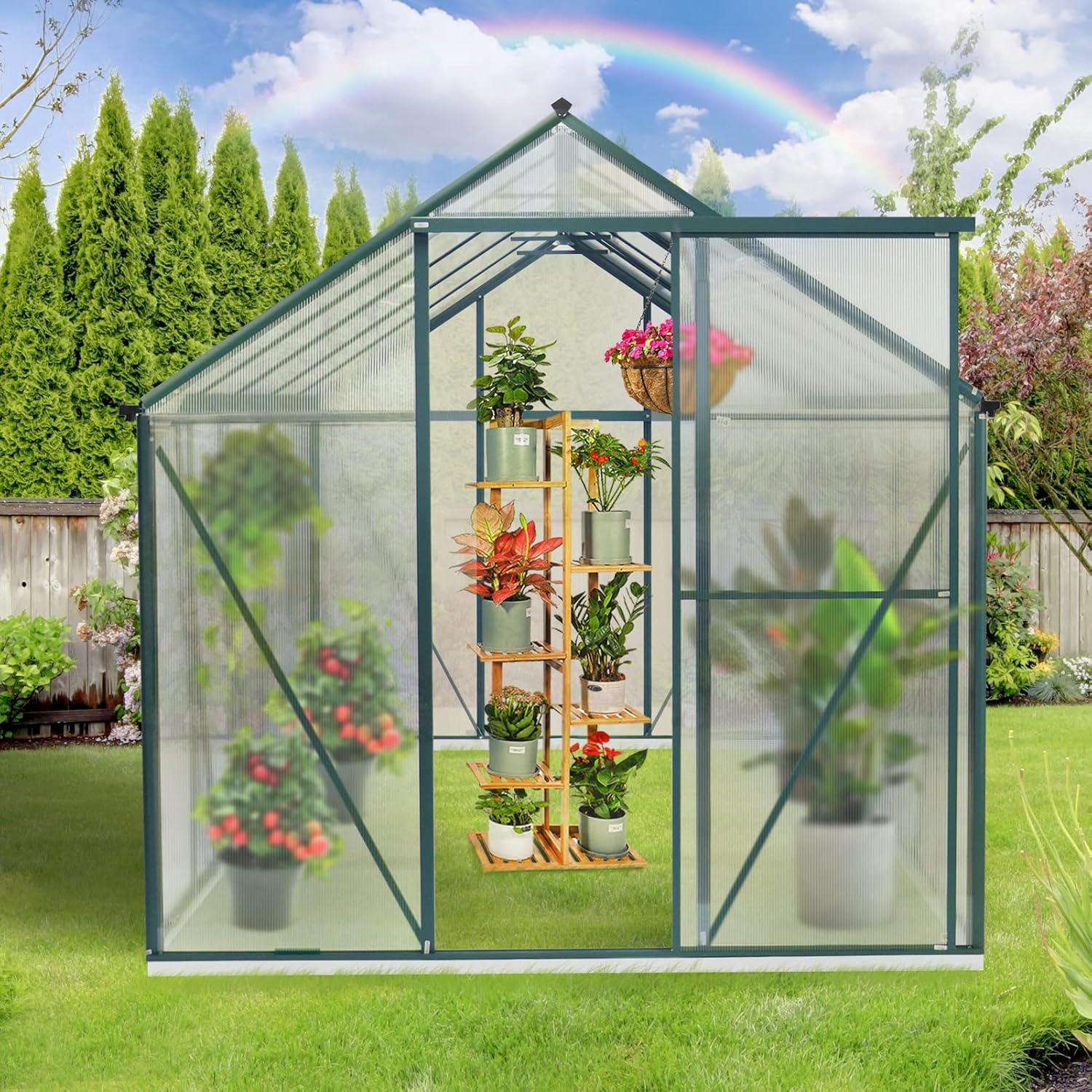 2021 Upgraded 6'x8' Hobby Greenhouse, Polycarbonate Aluminum Green House w/ Window for Winter,Heavy Duty Greenhouses Kit for Outdoor Use