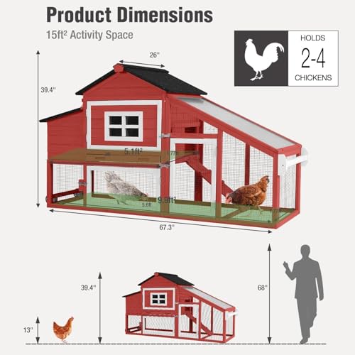 Chicken Coop with Wheels, Mobile Outdoor Chicken House with Leakproof Pull-on Tray, Nesting Box, Waterproof Roof - Red