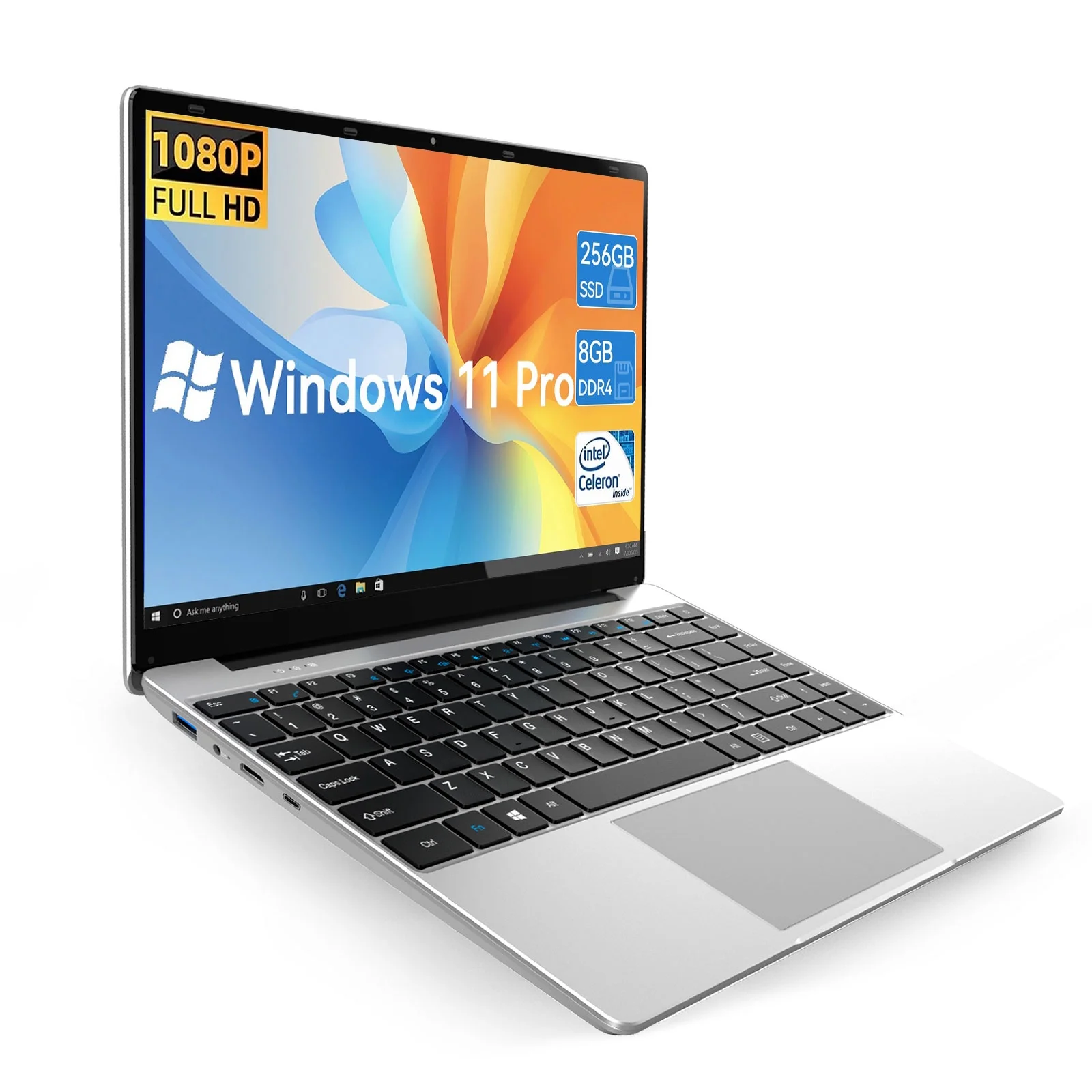 Temlicolo 14.1" Laptop, 8GB RAM PC, 256GB SSD, Intel Celeron N4020C up to 2.8GHz, Windows 11 Pro, Webcam, 1TB SSD Expansion, Silver