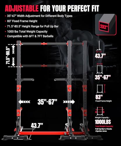 YOLEO Squat Rack with Adjustable Pull-Up Bar & Extended Safety Arms, Multi-Functional Power Racks Squat Stand for Home Gym, Garage & Basement