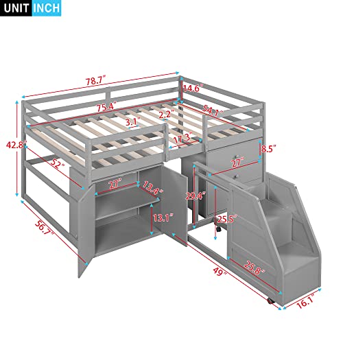 Full Size Low Loft Bed with Retractable Writing Desk, Storage Bed with 4 Drawers and Shelves