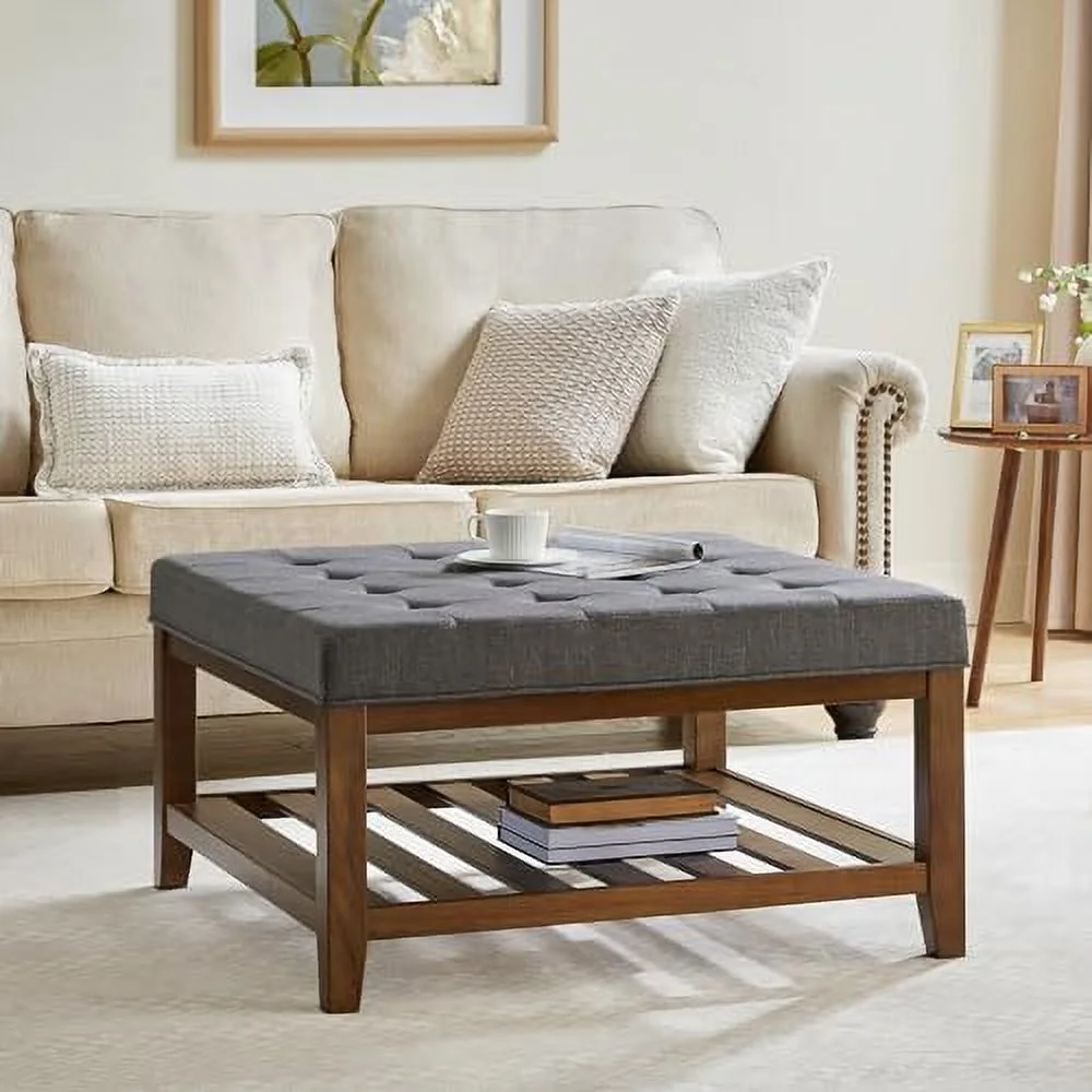 TJUNBOLIFE Square Ottoman Coffee Table with   Button Tufted Upholstered Linen Coffee Table for Living Room  Farmhouse Mid Century Modern Wooden Stool