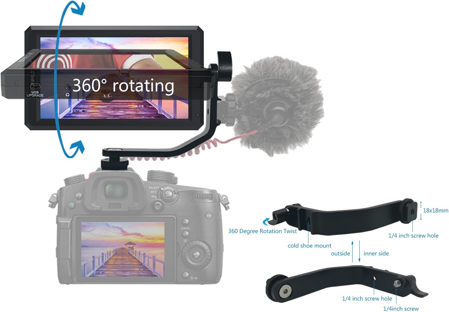 FEELWORLD F6+Battery+ Integrated Battery Charger + Micro&Mini HDMI Cords 5.7Inch FHD IPS On Camera 4K HDMI Monitor with Swivel Arm and 8V DC Power