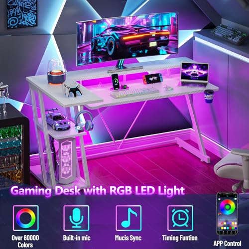 55 Inch Gaming Desk with Power Outlet & LED Lights, L Shaped Gamer Computer Table with Storage Shelves for Bedroom, Corner Home Office Desk