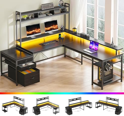 EnHomee Large L Shaped Gaming Desk with Hutch and Drawers, 64" W Reversible Computer Desk with Storage Shelves