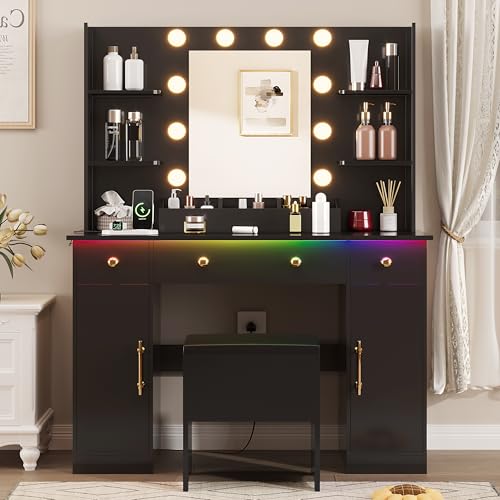 Vanity Desk with Mirror and Lights, Makeup Vanity with Charging Station & Vanity Stool