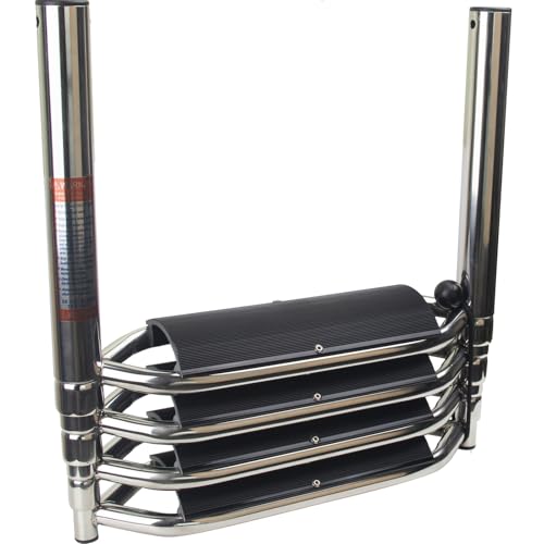4-Step Heavy-Duty Stainless Steel Pontoon Boat Ladder with Extra Wide Steps & Handrails | Telescoping Folding Rear Entry Ladder, 600lbs Capacity