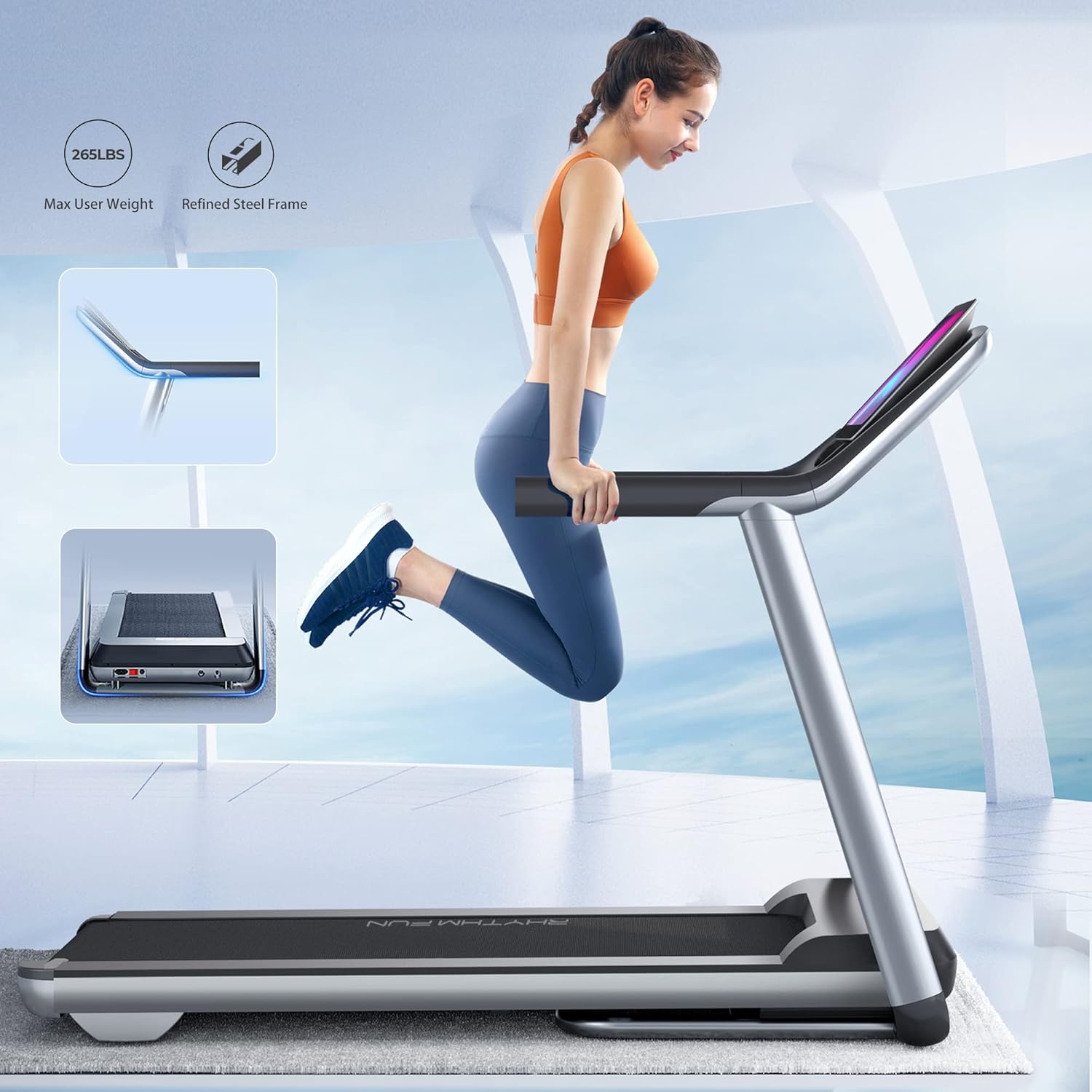 RHYTHM FUN Treadmill Folding Treadmill with Incline 3.5HP Electric Motorized Treadmill Super Shock-Absorbing Quiet Foldable Treadmill with Speaker