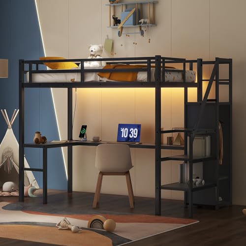 Bellamave Metal Loft Bed with Wardrobe and L-Shaped Desk, Full Size Loft Bed with Storage Cubes and Shelves, Heavy Duty LoftBed for Kids Teens Adults