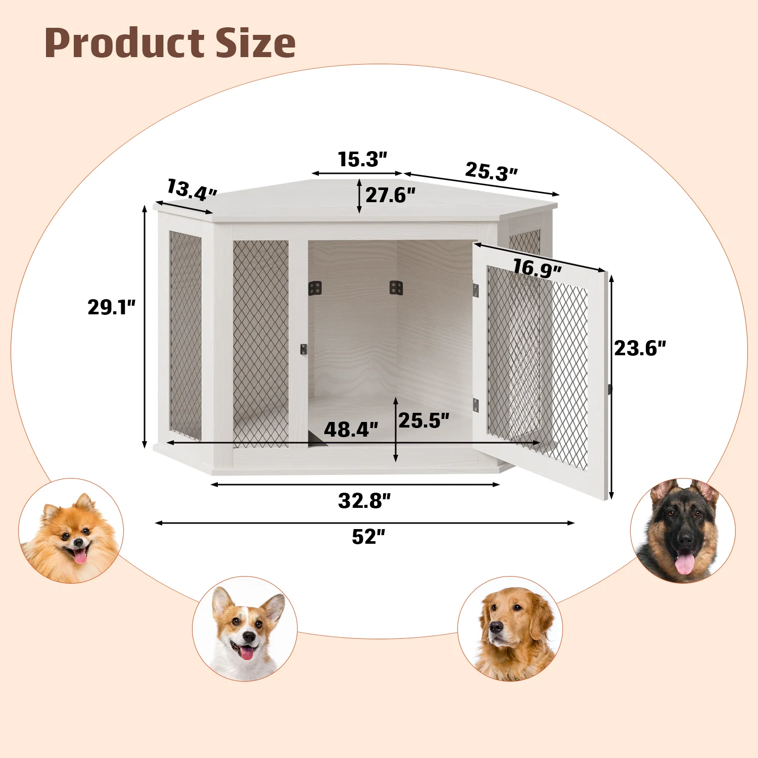 Bossin 44"Corner Dog Crate Furniture，Wooden Dog Kennel Indoor Furniture，Decorative Dog Crate