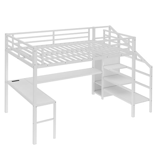 Bellemave Full Size Metal Loft Bed with L Shaped Desk and Wardrobe, Heavy Duty Loft Bed Frame with Storage Stairs
