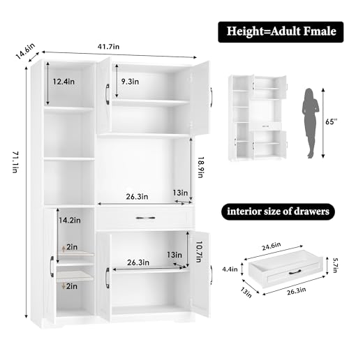 HOSTACK 71" Tall Kitchen Pantry Storage Cabinet, Farmhouse Food Pantry Cabinet with Microwave Stand