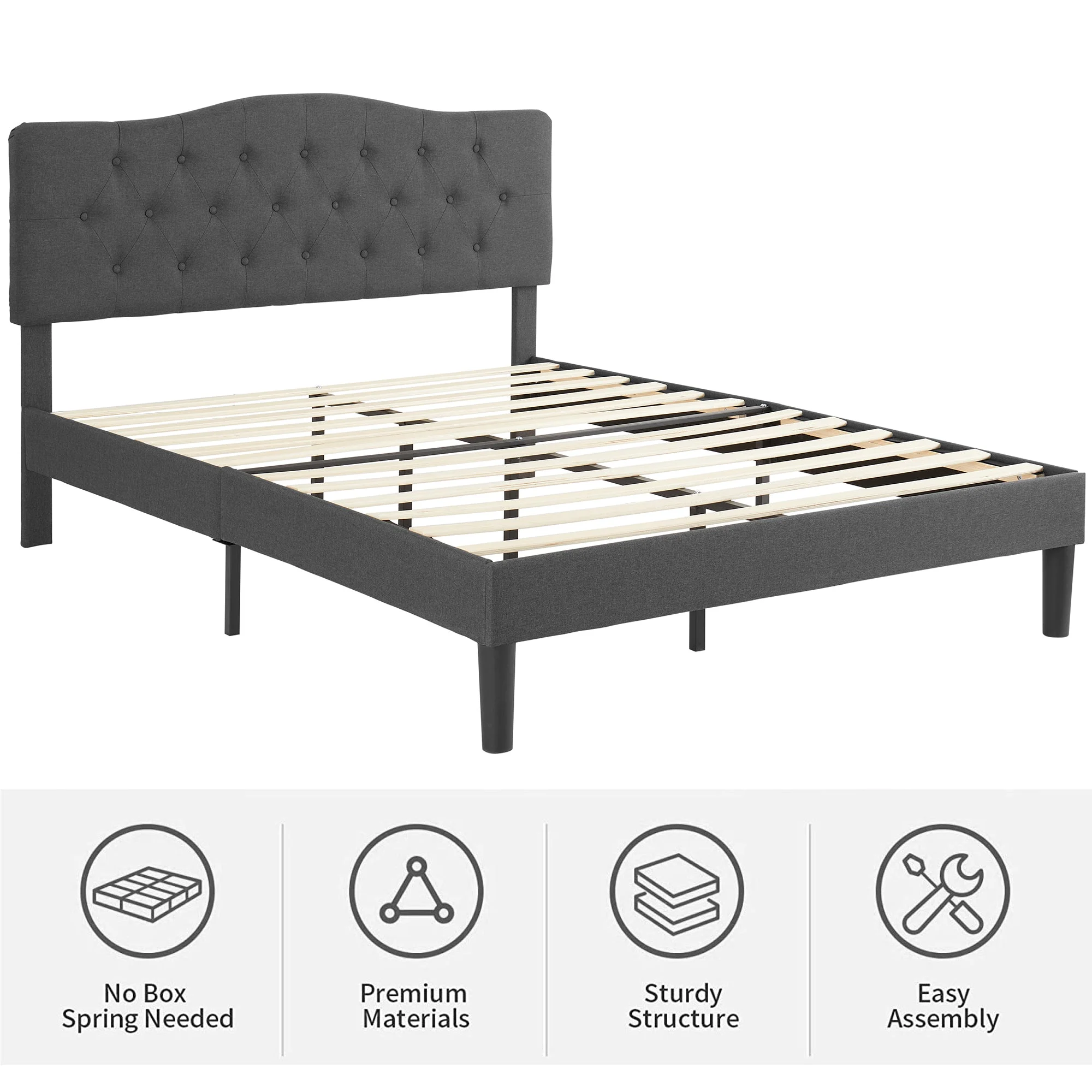 VECELO Queen Bed Frame Upholstered Platform Bed Frame with Diamond Tufted Adjustable Headboard, Wooden Slats Support, No Box Spring Needed, Gray