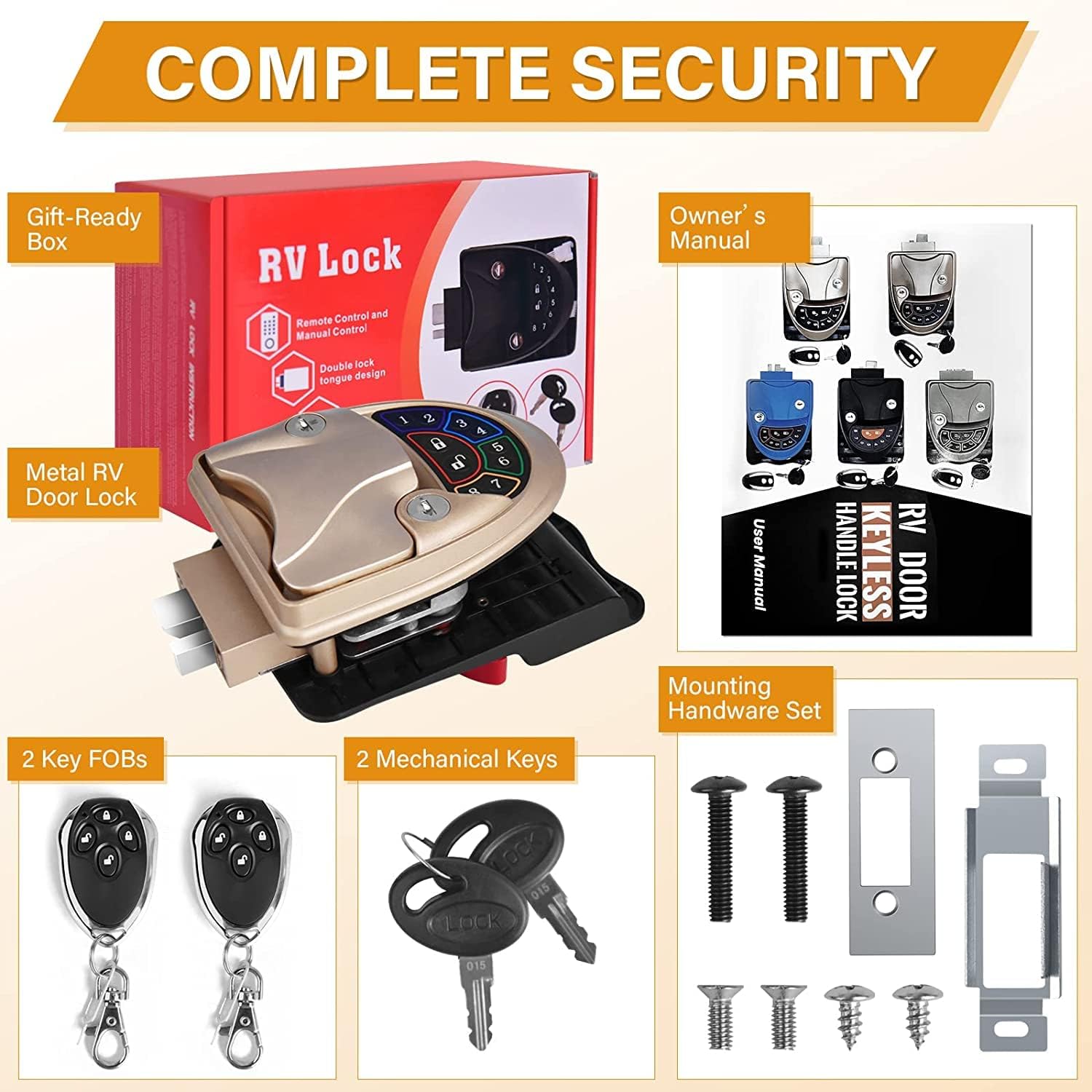 Rv Keyless Entry Door Lock, Waterproof RV Door Lock with Backlit Keypad & 2 Fobs & Key, Keyless Rv Entry Door Lock for RV Caravan Trailer Camper