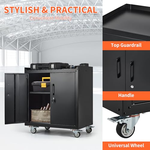 2 Door Tool Cabinets for Garage, Lockable Metal Storage Cabinet with Adjustable Shelves, Rolling Tool Chest, Garage Storage Cabinet with Wheels