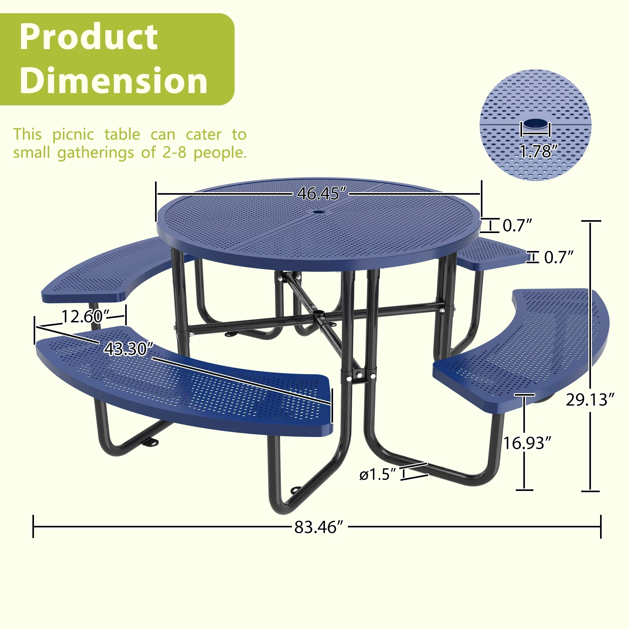 46'' Steel Round Picnic Table for Outdoors, Expanded, Lifetime Picnic Table with Umbrella Hole