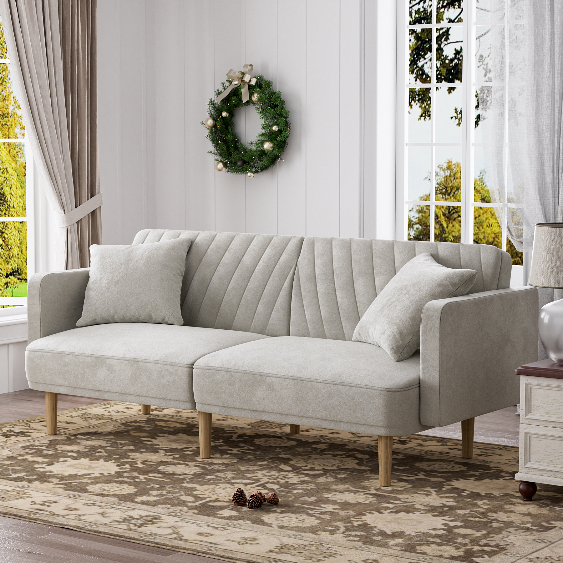 Rophefx Upholstered Tufted Velvet Futon Sofa Bed with 2 Pillows, Modern Convertible Futon Couch with 3 Adjustable Backrest Angles for Apartment