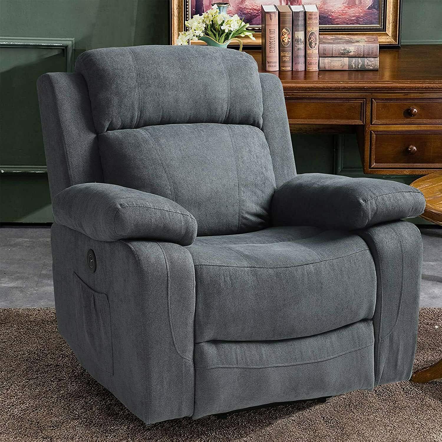 New Grey Linen Fabric Auto Electric Power Lift Massage Vibration Recliner Oversized USB Chair w/Remote Control Sofa Heat Elderly Armchair Foam Sponge