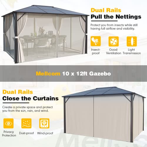 MELLCOM 10'x13' Hardtop Gazebo with Polycarbonate Double Roof, Aluminum Frame Outdoor Gazebo Permanent Pavilion with Curtains and Netting for Patio