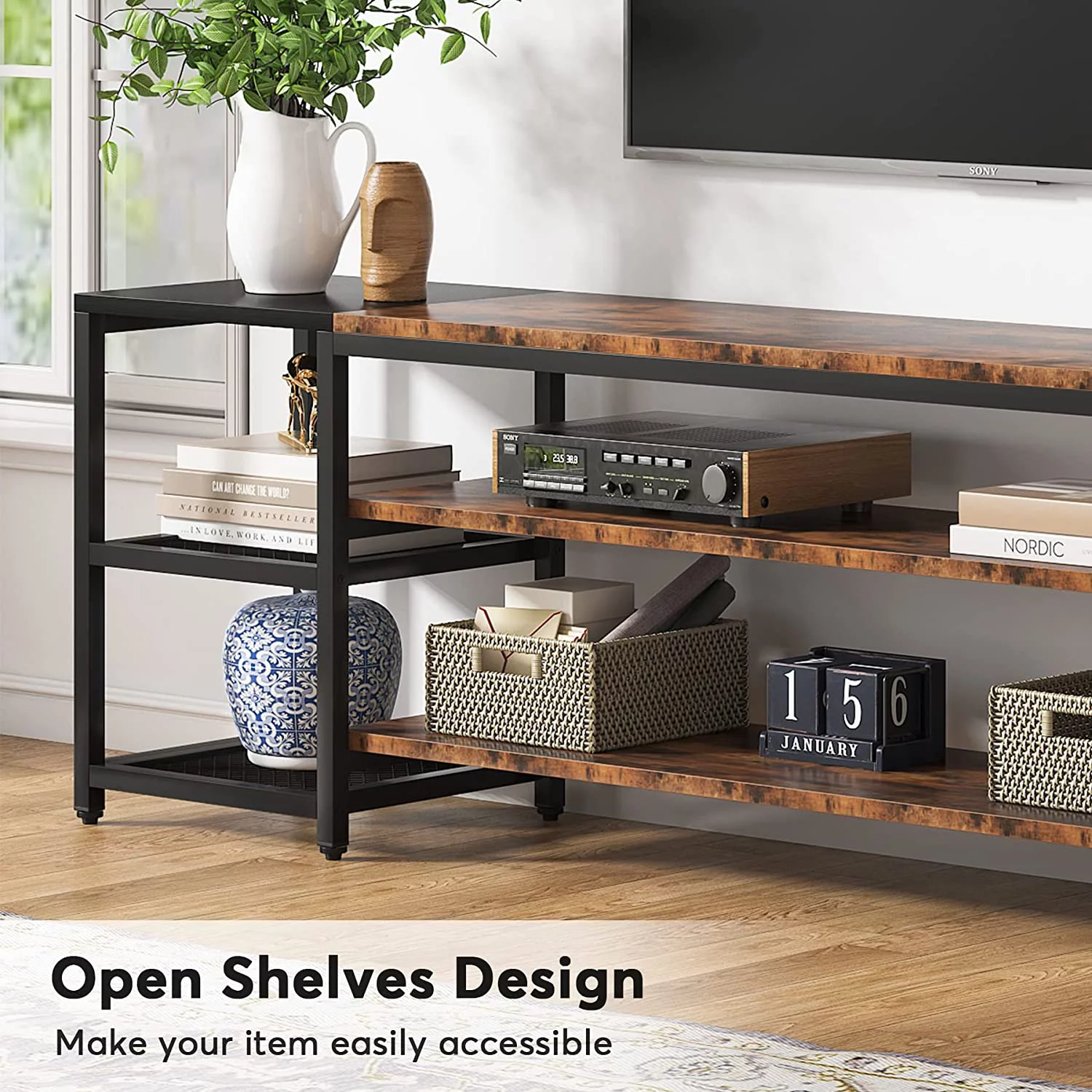Tribesigns 78" TV Stand for TVs Up to 65" Industrial Media Console Table with 3 Tier Storage Shelves Brown and Black