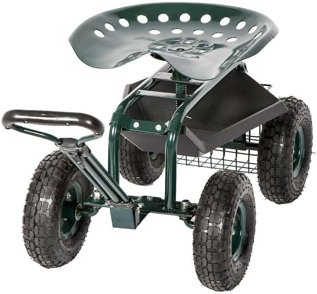 KINTNESS Rolling Garden Stool Cart Work Seat Heavy Duty Wagon Scooter with Extendable Steer Handle Swivel Seat & Utility Basket