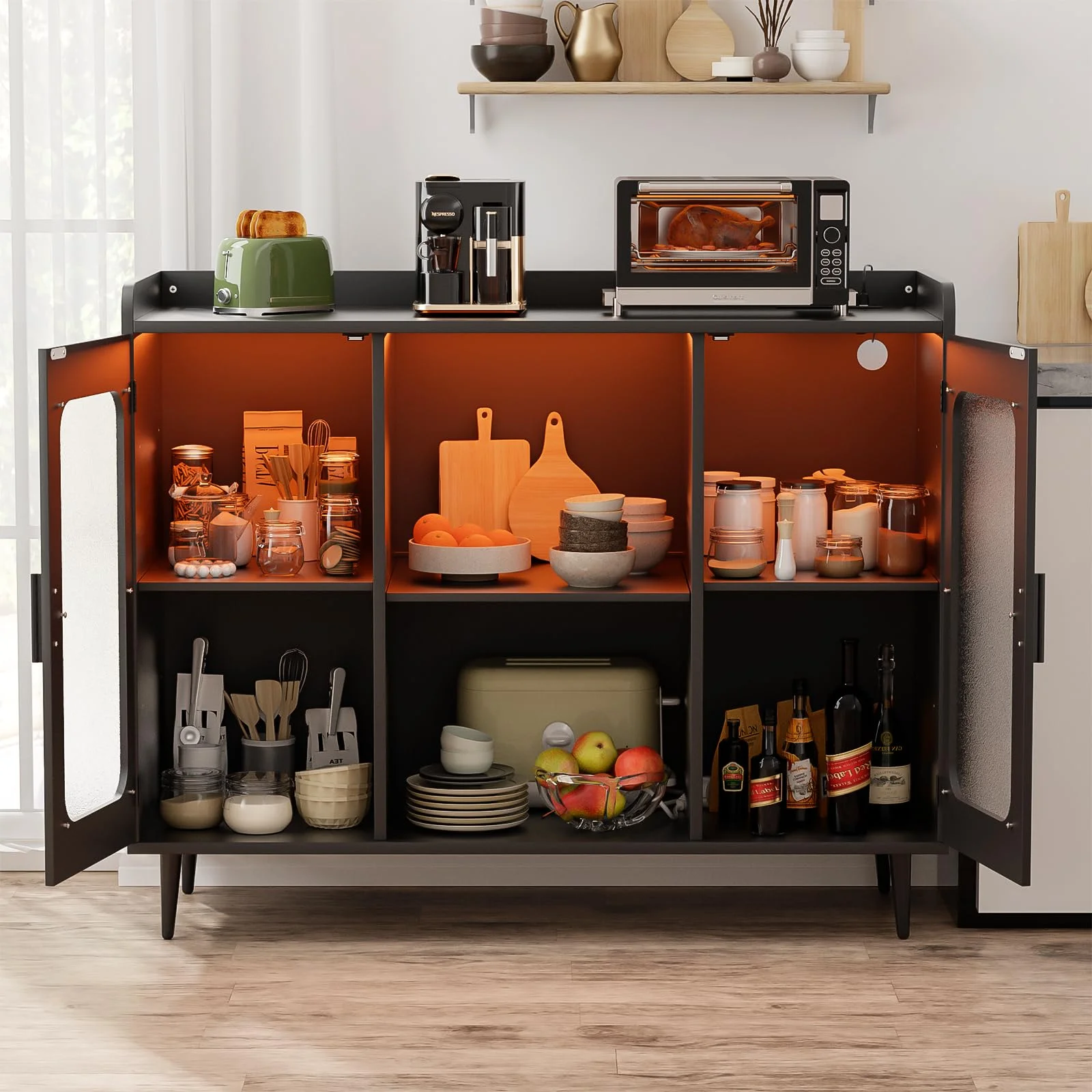 Homieasy Cabinet Bar with Power Outlet & LED Light, Wine Bar Cabinet with Wine and Glasses Rack, Home Coffee Bar Cabinet