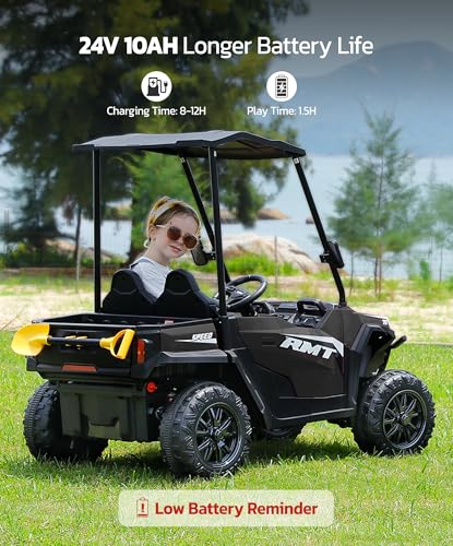 ELEMARA 24V Ride on Toy for Big Kid,Ride on Car 2 Seater w/Sun Shade,Dump Bed & Shovel,4.5MPH,4WD Electric Car for Kids,Battery Car w/Remote