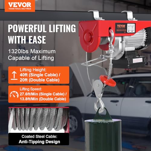 VEVOR Electric Hoist, 2200 lbs Lifting Capacity, 1600W 110V Electric Steel Wire Winch with Wireless Remote Control