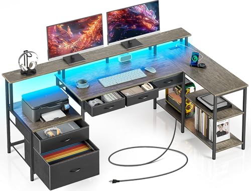 Seventable L Shaped Desk with File Drawers, 64" Home Office Desk with Power Outlet & LED Lights, Reversible Gaming Desk with Printer Storage Shelves