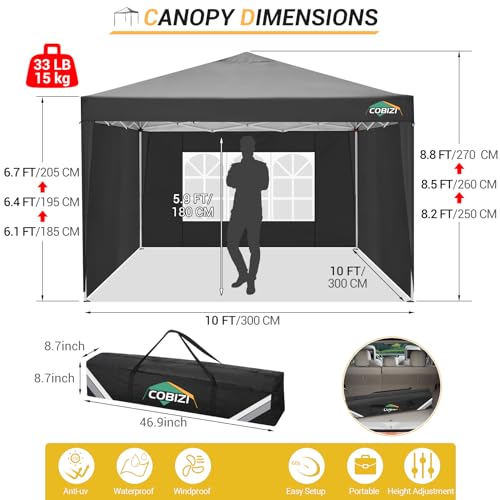 COBIZI 10x10 Pop up Canopy Tent Protable Canopy Tent with 4 Sidewalls Waterproof Commercial Instant Shelter for Parties, Wedding